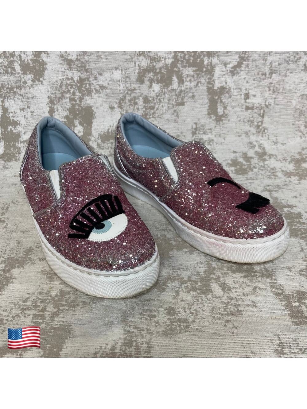 Chiara Ferragni Flirting Glitter Italian Leather Slip On Sneakers in Pink